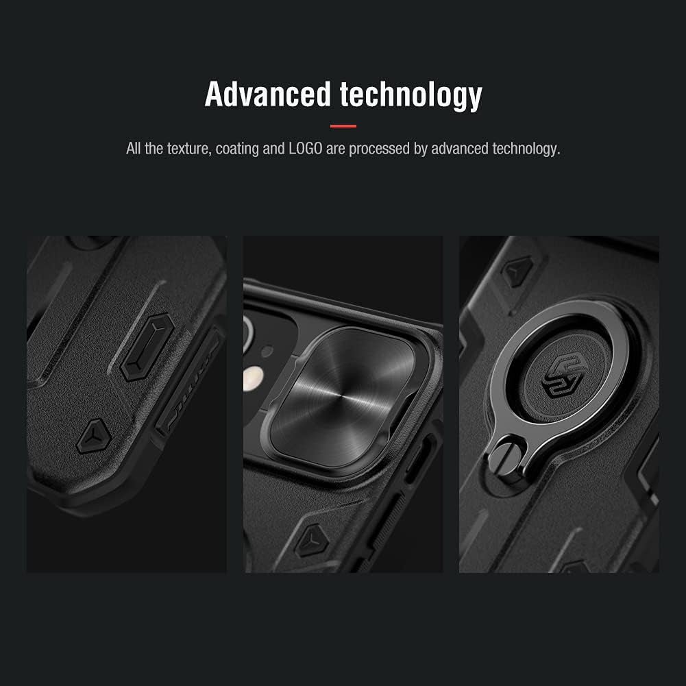 Case for Iphone 13 with Camera Cover & Kickstand, Camshield Armor Shockproof Impact-Resistant Case Protection Cover Built-In 360° Rotate Ring Stand (Black)