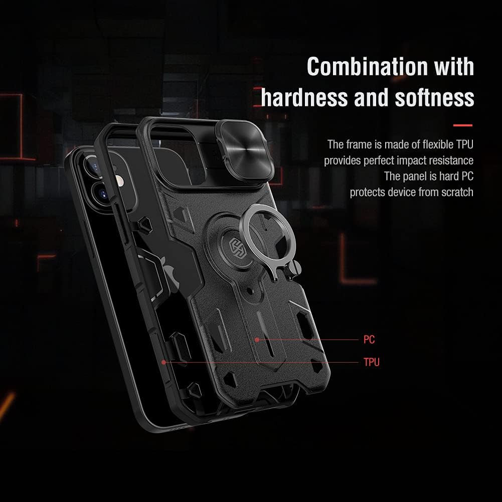 Case for Iphone 13 with Camera Cover & Kickstand, Camshield Armor Shockproof Impact-Resistant Case Protection Cover Built-In 360° Rotate Ring Stand (Black)