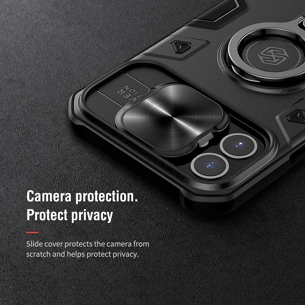 Case for Iphone 13 with Camera Cover & Kickstand, Camshield Armor Shockproof Impact-Resistant Case Protection Cover Built-In 360° Rotate Ring Stand (Black)