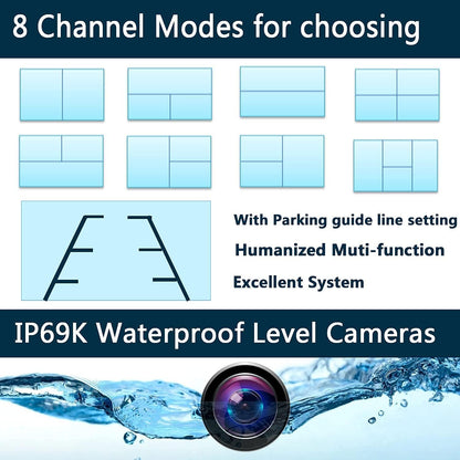 128GB DVR Dash Cam Audio 10.1 Inch 1080P Backup Camera Monitor & Built-In Recorder for RV Truck Trailer Rear Side Front Reversing View Wired System 4 Split Large Screen Waterproof Avoid Blind Spot