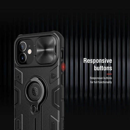 Case for Iphone 13 with Camera Cover & Kickstand, Camshield Armor Shockproof Impact-Resistant Case Protection Cover Built-In 360° Rotate Ring Stand (Black)