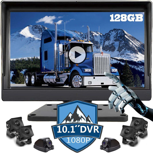 128GB DVR Dash Cam Audio 10.1 Inch 1080P Backup Camera Monitor & Built-In Recorder for RV Truck Trailer Rear Side Front Reversing View Wired System 4 Split Large Screen Waterproof Avoid Blind Spot