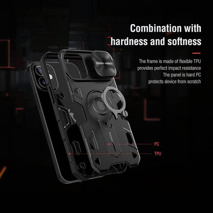 Case for Iphone 13 with Camera Cover & Kickstand, Camshield Armor Shockproof Impact-Resistant Case Protection Cover Built-In 360° Rotate Ring Stand (Black)