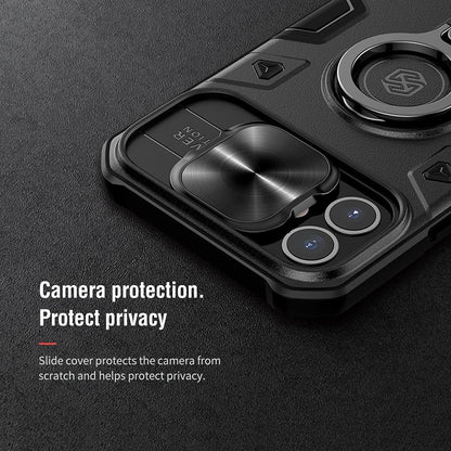 Case for Iphone 13 with Camera Cover & Kickstand, Camshield Armor Shockproof Impact-Resistant Case Protection Cover Built-In 360° Rotate Ring Stand (Black)